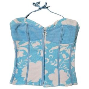 Floral Terry Cloth Halter Corset Top Blue White Zip Front Women's (Q)